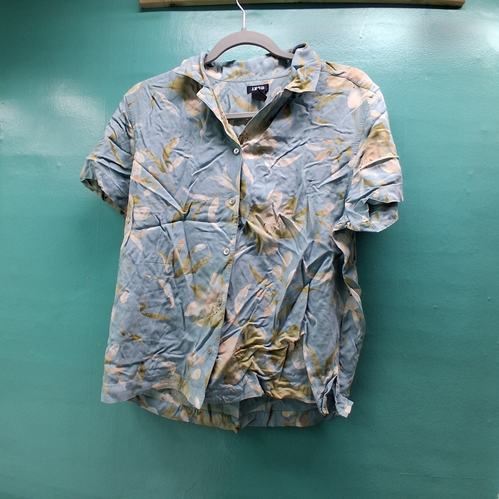 Izod Floral Rayon Button Up Shirt Large Blue Tropical Coastal Summer
